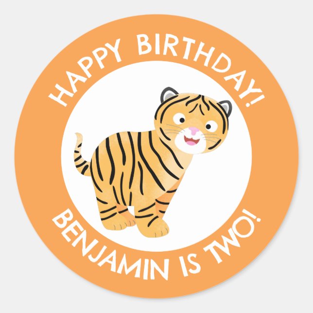 Cute happy tiger cub personalized cartoon birthday classic round sticker (Front)