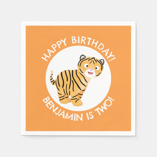 Cute happy tiger cub personalized cartoon birthday napkins (Front)