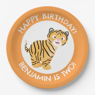 Cute happy tiger cub personalized cartoon birthday paper plates