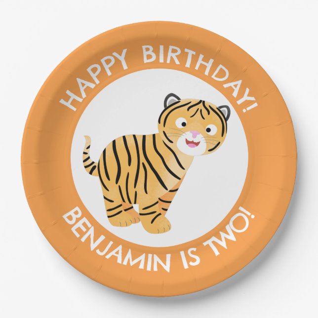 Cute happy tiger cub personalized cartoon birthday paper plates (Front)