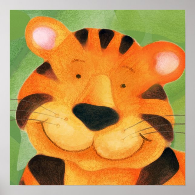 Cute happy tiger face square poster print (Front)