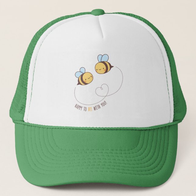 Cute Happy To Bee With You Pun Couple Trucker Hat (Front)