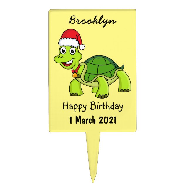 Cute happy tortoise wearing Santa hat Cake Topper (Front)
