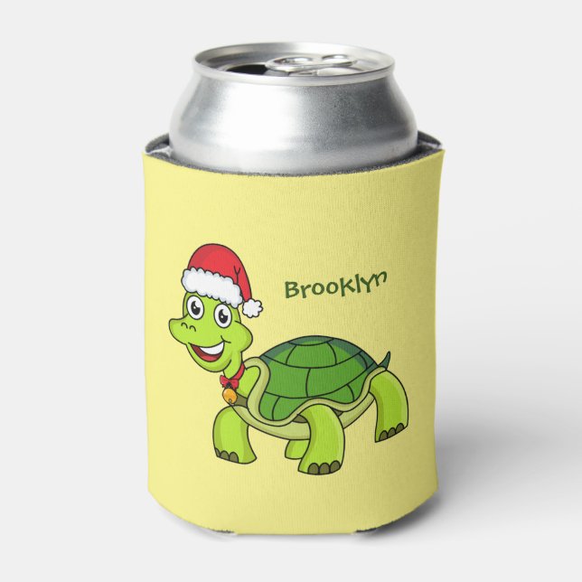 Cute happy tortoise wearing Santa hat Can Cooler (Can Front)