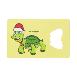 Cute happy tortoise wearing Santa hat Credit Card Bottle Opener