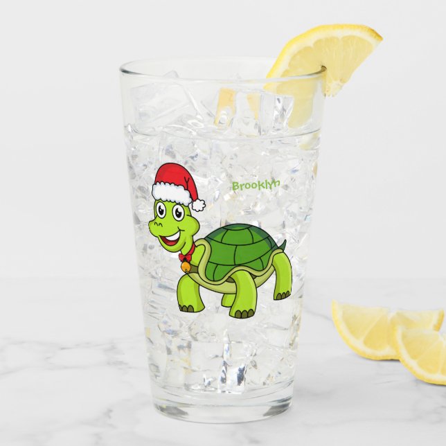 Cute happy tortoise wearing Santa hat Glass (Back Ice)