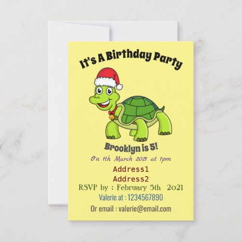 Cute happy tortoise wearing Santa hat Invitation