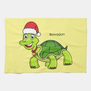 Cute happy tortoise wearing Santa hat Kitchen Towel
