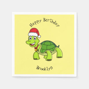 Cute happy tortoise wearing Santa hat Napkins