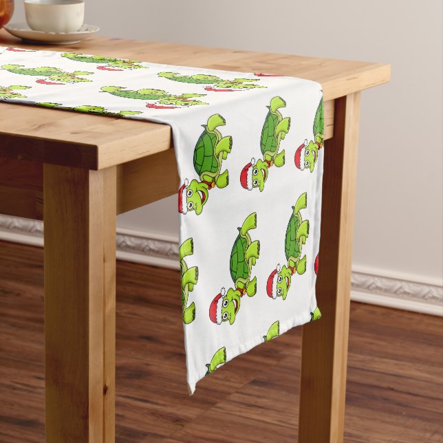 Cute happy tortoise wearing Santa hat Short Table Runner (In Situ)