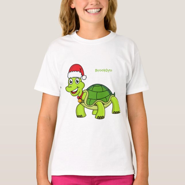 Cute happy tortoise wearing Santa hat T-Shirt (Front)