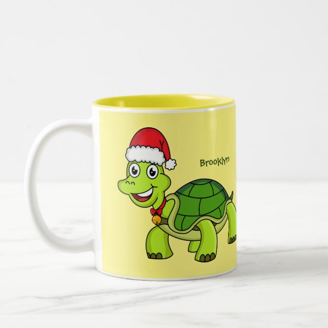 Cute happy tortoise wearing Santa hat Two-Tone Coffee Mug (Left)