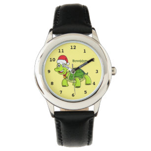Cute happy tortoise wearing Santa hat Watch
