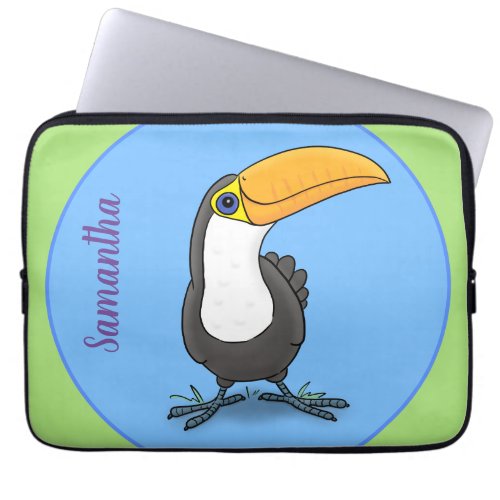 Cute happy toucan blue green cartoon illustration laptop sleeve