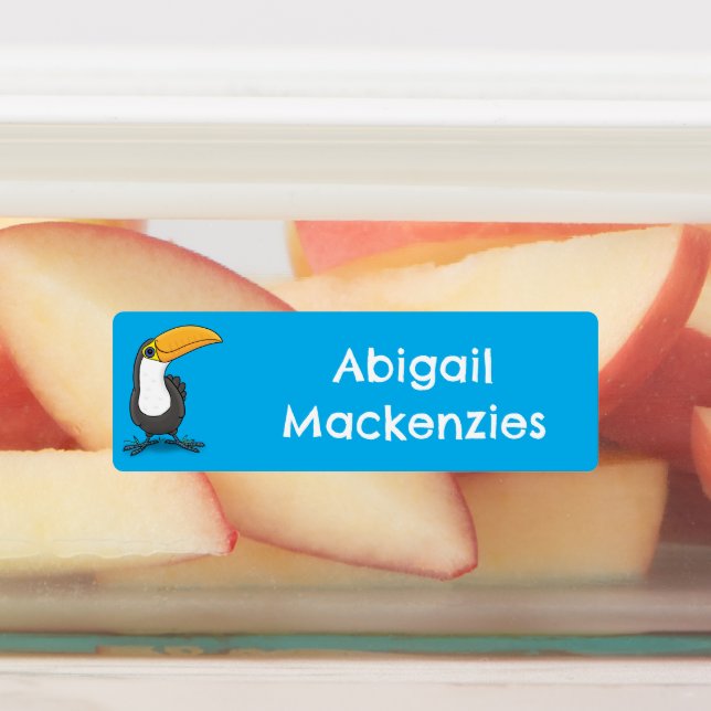 Cute happy toucan blue green cartoon personalized labels (Affixed)