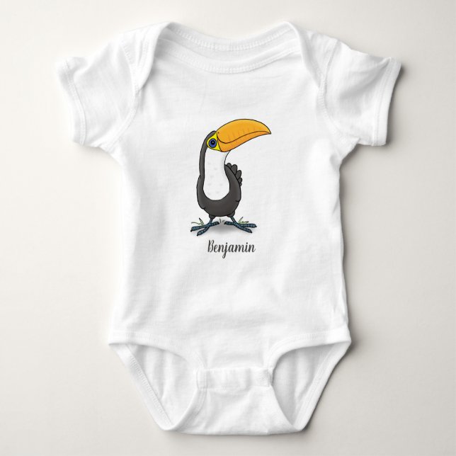 Cute happy toucan cartoon illustration baby bodysuit (Front)