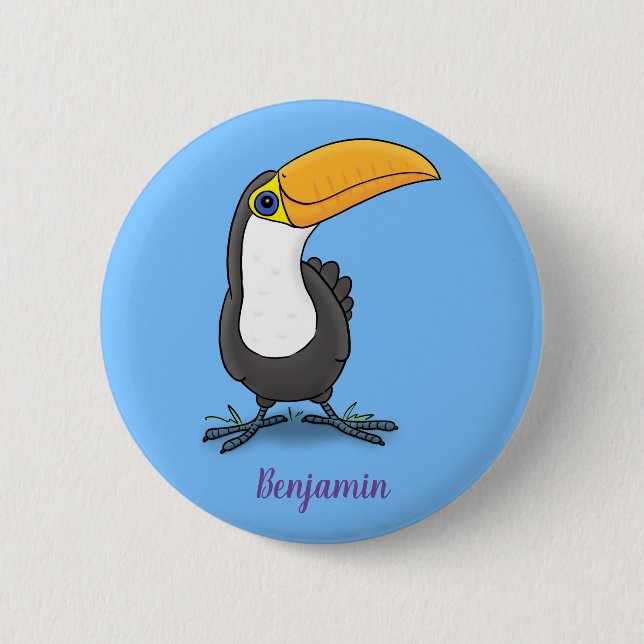 Cute happy toucan cartoon illustration button (Front)