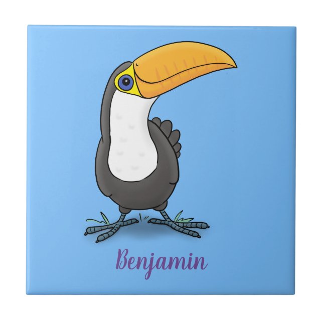 Cute happy toucan cartoon illustration ceramic tile (Front)