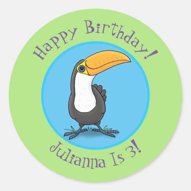 Cute happy toucan cartoon illustration classic round sticker (Front)