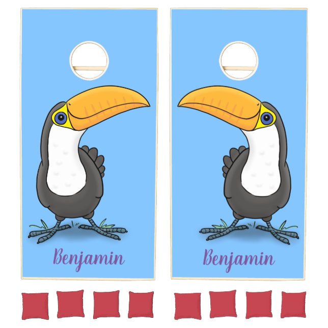 Cute happy toucan cartoon illustration cornhole set (Set)