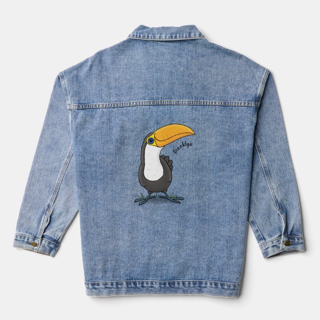 Cute happy toucan cartoon illustration denim jacket (Back)