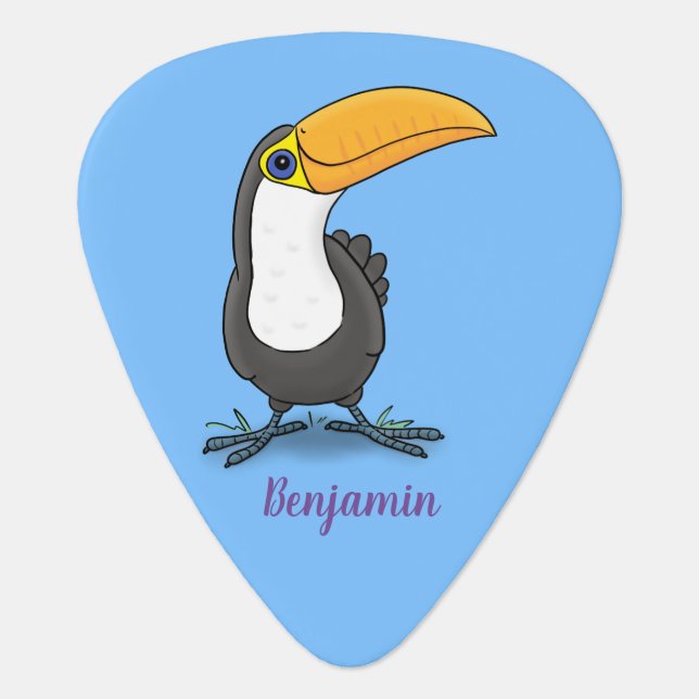 Cute happy toucan cartoon illustration guitar pick (Front)
