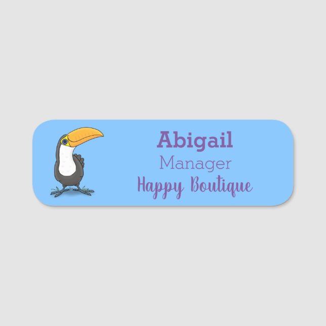 Cute happy toucan cartoon illustration name tag (Front)