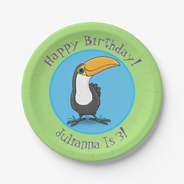 Cute happy toucan cartoon illustration paper plates (Front)