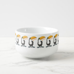 Cute happy toucan cartoon illustration soup mug
