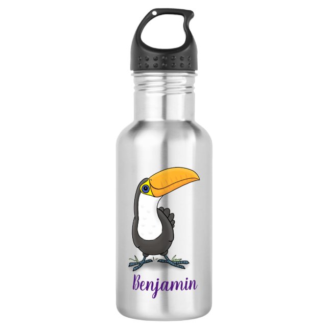 Cute happy toucan cartoon illustration stainless steel water bottle (Front)