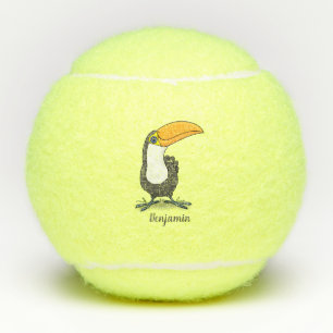 Cute happy toucan cartoon illustration tennis balls
