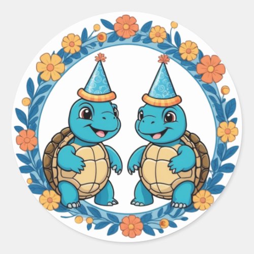 Cute Happy Turtle Birthday Party Classic Round Sticker