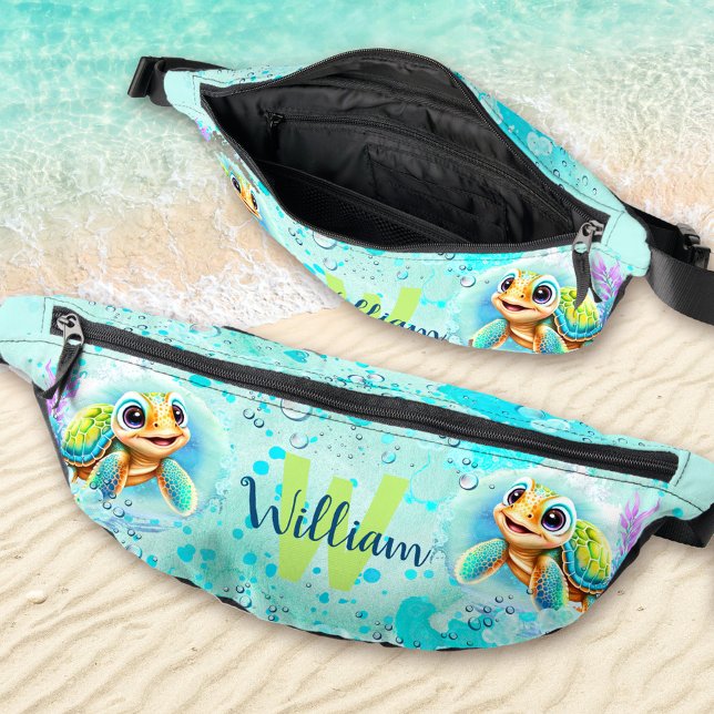 Cute Happy Turtle Boy Ocean Turquoise Name Fanny Pack (Cute Happy Turtle Boy Ocean Turquoise Name Fanny Pack)
