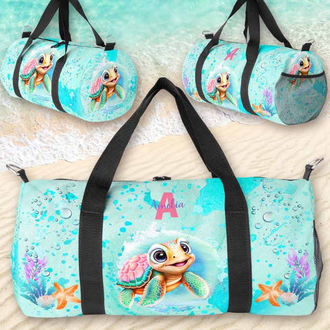 Cute Happy Turtle Girl Ocean Pink Turquoise Name Duffle Bag (Cute Happy Turtle Girl Ocean Pink Turquoise Name Duffle Bag)