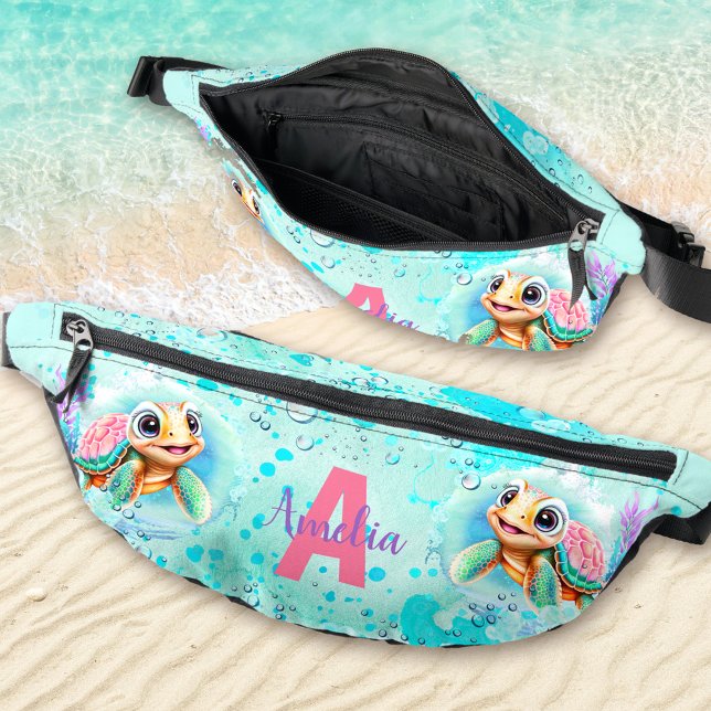 Cute Happy Turtle Girl Ocean Turquoise Name Fanny Pack (Cute Happy Turtle Girl Ocean Turquoise Name Fanny Pack)