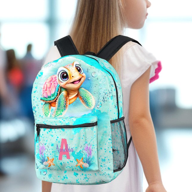Cute Happy Turtle Girl Ocean Turquoise Name Printed Backpack (Cute Happy Turtle Girl Ocean Turquoise Name Printed Backpack)