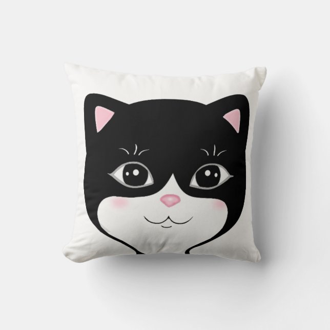 Cute Happy Tuxedo Cat Face Throw Pillow (Front)