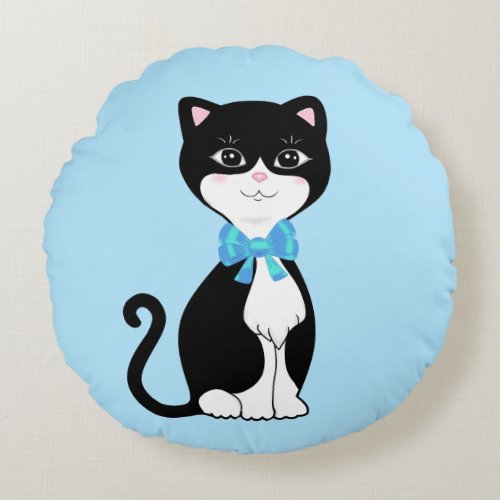 Cute Happy Tuxedo Cat on Light Blue Round Pillow
