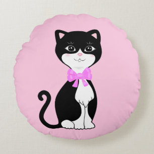 Cute Happy Tuxedo Cat on Light Pink Round Pillow