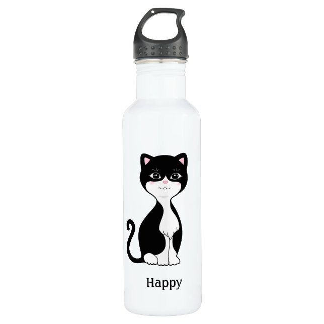 Cute Happy Tuxedo Cat Stainless Steel Water Bottle (Front)
