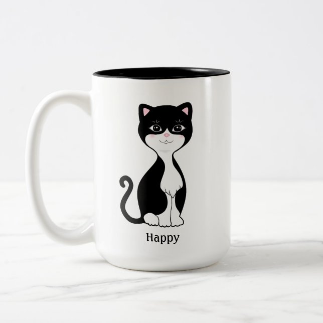 Cute Happy Tuxedo Cat Two-Tone Coffee Mug (Left)
