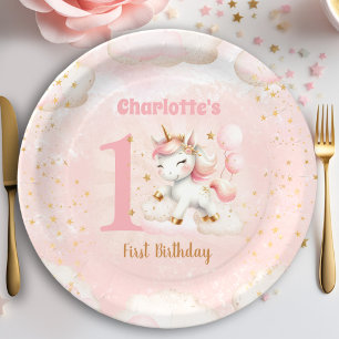 Cute Happy Unicorn Girl 1st Birthday Pink Beige Paper Plates