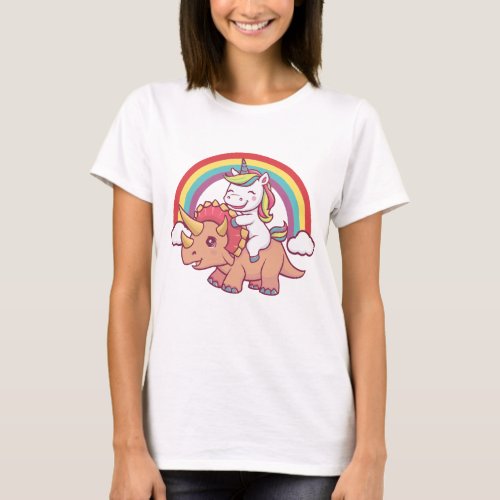 Cute  Happy Unicorn Rides Rainbow Triceratops  T_Shirt
