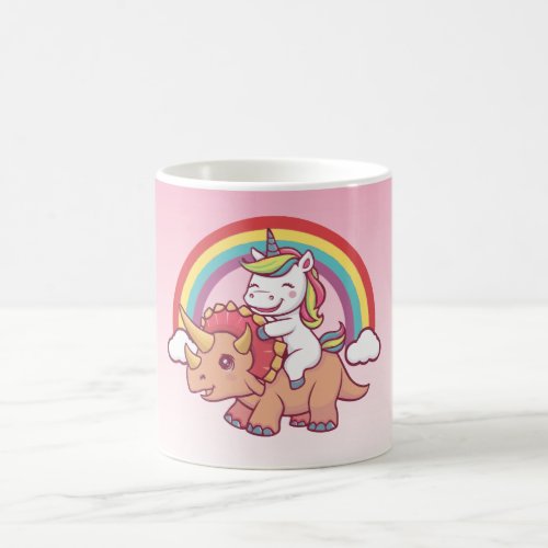 Cute  Happy Unicorn Rides Triceratops Rainbow Coffee Mug