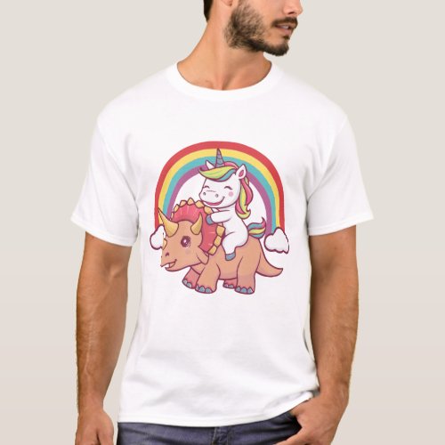 Cute  Happy Unicorn Rides Triceratops Rainbow T_Shirt