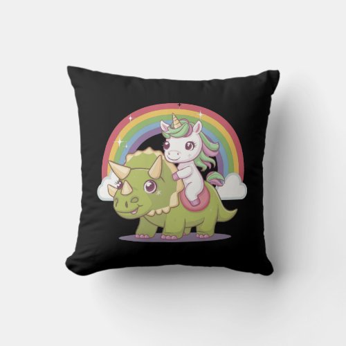 Cute Happy Unicorn Rides Triceratops Rainbow Throw Pillow