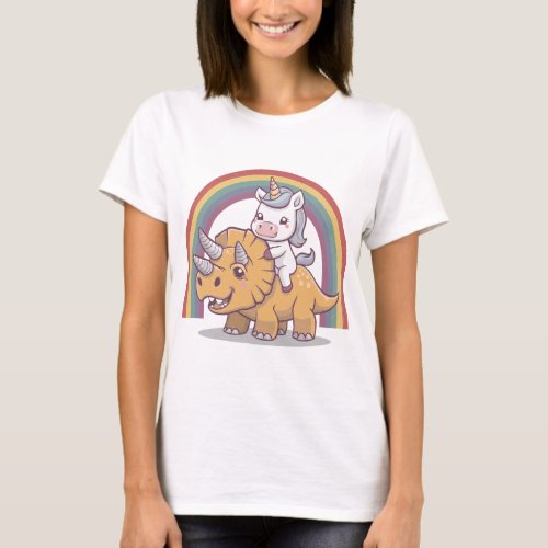Cute  Happy Unicorn Riding Triceratops Rainbow T_Shirt