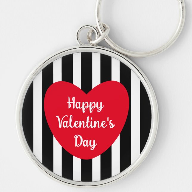 Cute Happy Valentine's Day Black Striped Simple Keychain (Front)