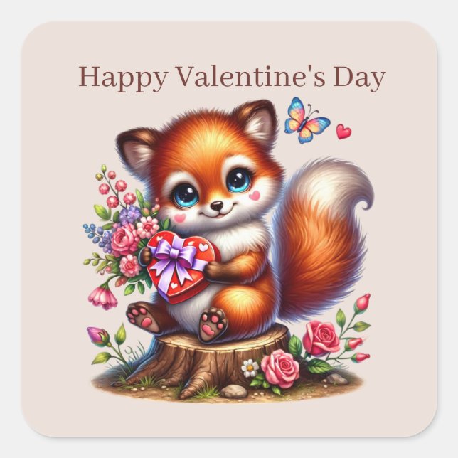 Cute Happy Valentine's Day fox Square Sticker (Front)