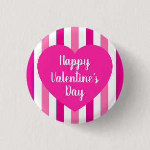 Cute Happy Valentine's Day Hot Pink Striped Simple Button